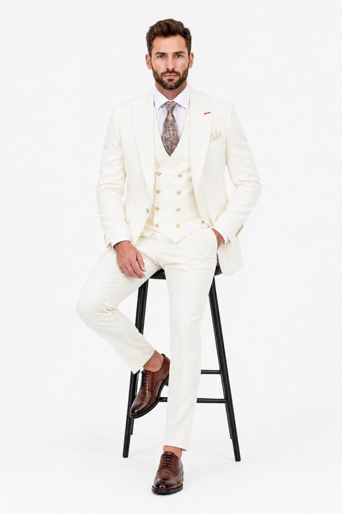 Men's Off White Statement Ticket Pocket Peak Lapel Wool Double Breasted Vest Suit with Gold Buttons – Modern Fit