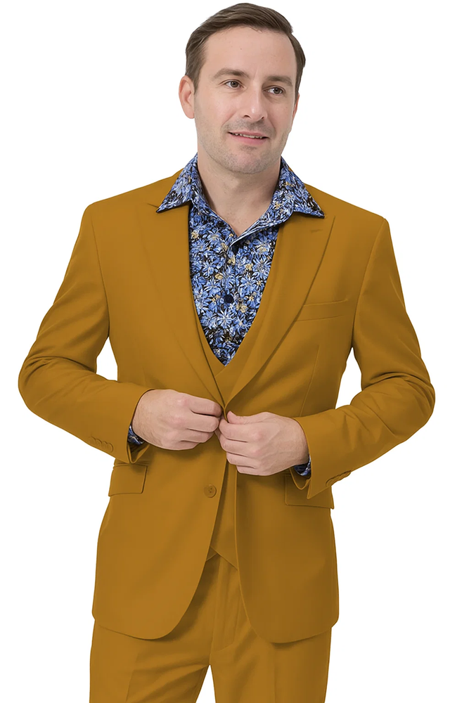 Men's Fashion Suit in Gold – Peak Lapel, Vested, Two Button Jacket
