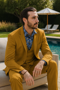 Men's Fashion Suit in Gold – Peak Lapel, Vested, Two Button Jacket