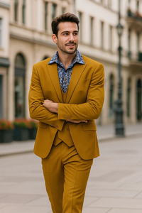 Men's Fashion Suit in Gold – Peak Lapel, Vested, Two Button Jacket