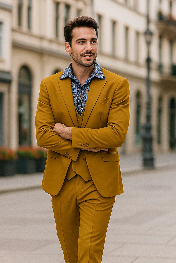 Men's Fashion Suit in Gold – Peak Lapel, Vested, Two Button Jacket