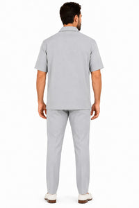 Men’s Light Gray Embroidered Walking Suit Set – 2 Piece Short Sleeve Casual Outfit