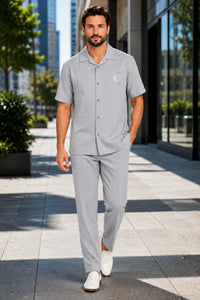 Men’s Light Gray Embroidered Walking Suit Set – 2 Piece Short Sleeve Casual Outfit