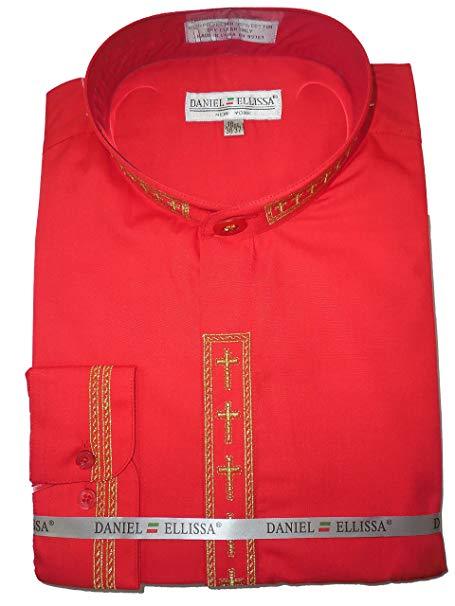 -> Daniel Ellissa Men's Red & Gold Embroidered Clergy Banded Collar Dress Shirt - USA Men's Outlet