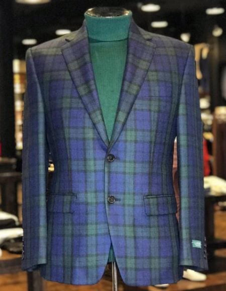 Big and Tall Plaid Sport Coat - Windowpane Checkered Scottish Pattern Party Blazer in Color Green and Blue Tartan