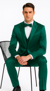 Green Satin Slim Fit 3 Piece Tazzio Men's Suit with Double Breasted Vest and Peak Lapel Jacket