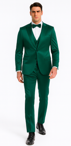 Green Satin Slim Fit 3 Piece Tazzio Men's Suit with Double Breasted Vest and Peak Lapel Jacket