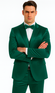 Green Satin Slim Fit 3 Piece Tazzio Men's Suit with Double Breasted Vest and Peak Lapel Jacket