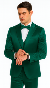 Green Satin Slim Fit 3 Piece Tazzio Men's Suit with Double Breasted Vest and Peak Lapel Jacket