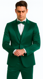 Green Satin Slim Fit 3 Piece Tazzio Men's Suit with Double Breasted Vest and Peak Lapel Jacket