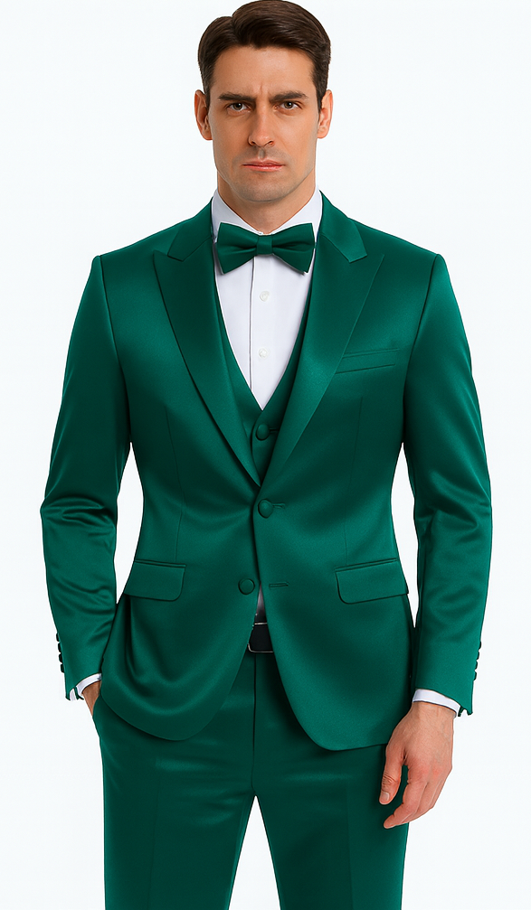 Green Satin Slim Fit 3 Piece Tazzio Men's Suit with Double Breasted Vest and Peak Lapel Jacket