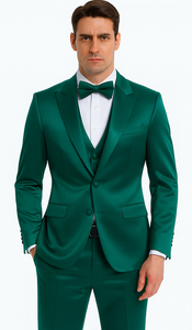 Green Satin Slim Fit 3 Piece Tazzio Men's Suit with Double Breasted Vest and Peak Lapel Jacket
