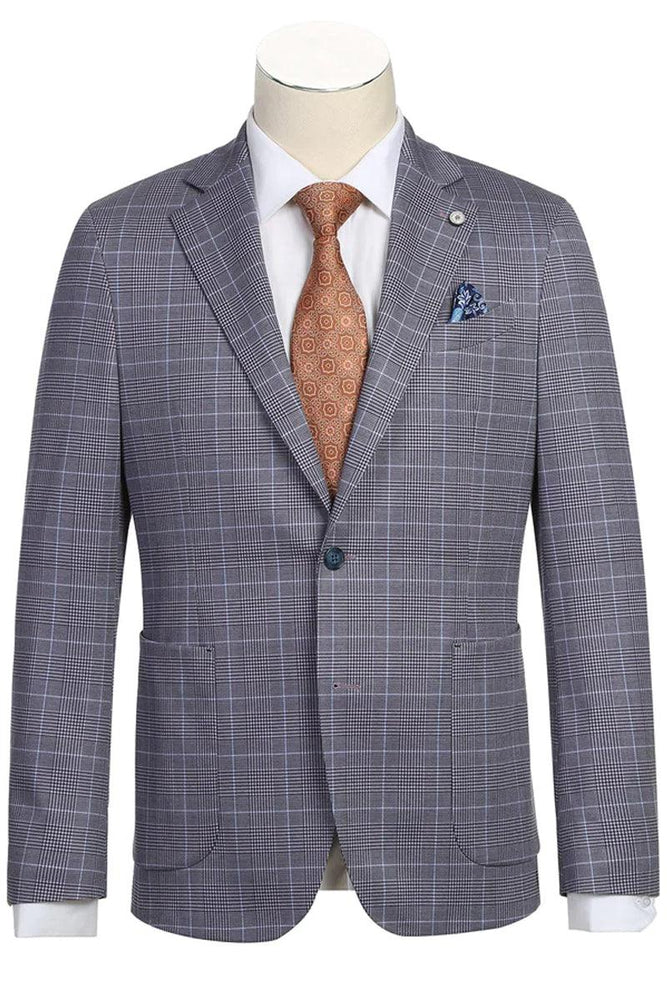 "Grey Blue Windowpane Plaid Pelago Men's Half Canvas Unconstructed Sport Coat Blazer" - USA Men's Outlet