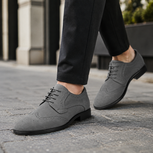 Polished Product Title: "Bravo Men's Grey Vegan Suede Wingtip Dress Shoe for Weddings & Proms"