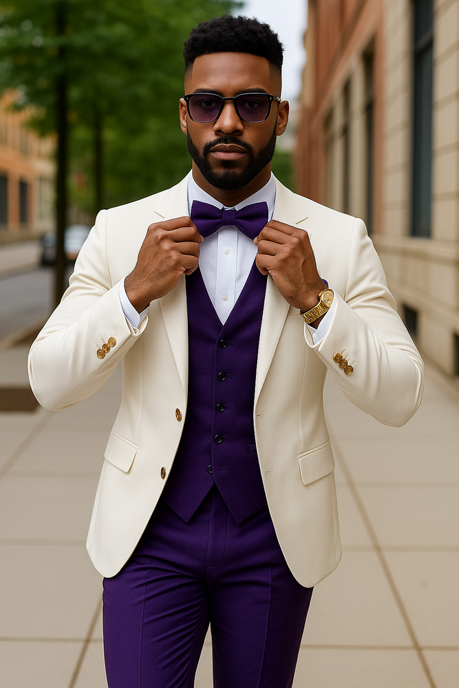 White and Purple Tuxedo Wedding Suit - White Dinner Jacket + Vest + Pants + Bow-tie