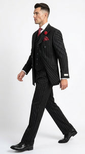 Harlem Nights Suits for Men by Tiglio – 100% Wool Double Breasted Black Pinstripe Vested Suit Wide Leg Pleated Pants Classic fit