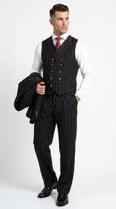 Harlem Nights Suits for Men by Tiglio – 100% Wool Double Breasted Black Pinstripe Vested Suit Wide Leg Pleated Pants Classic fit