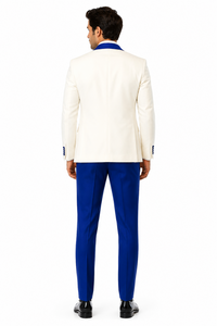 Hilton White and Royal Blue Paisley Peak Lapel Tuxedo Jacket with Matching Shawl Vest and Wool Pants – Includes Bow Tie