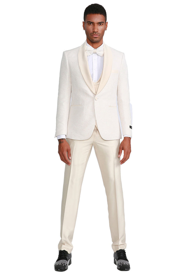 Men's One Button Vested Paisley Prom & Wedding Tuxedo with Satin Vest and Pants in Ivory