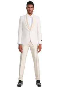 Men's One Button Vested Paisley Prom & Wedding Tuxedo with Satin Vest and Pants in Ivory