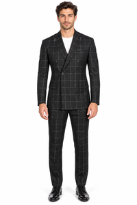 Naples Collection - Black Modern Fit Double Breasted Windowpane Peak Lapel 2 Piece Suit