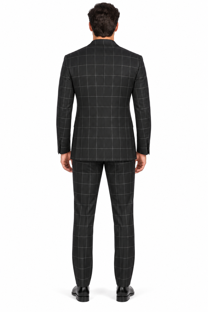 Naples Collection - Black Modern Fit Double Breasted Windowpane Peak Lapel 2 Piece Suit