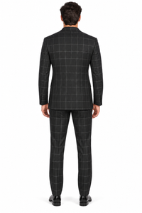 Naples Collection - Black Modern Fit Double Breasted Windowpane Peak Lapel 2 Piece Suit