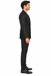 Naples Collection - Black Modern Fit Double Breasted Windowpane Peak Lapel 2 Piece Suit