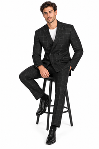 Naples Collection - Black Modern Fit Double Breasted Windowpane Peak Lapel 2 Piece Suit