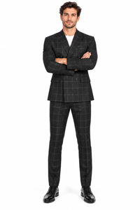 Naples Collection - Black Modern Fit Double Breasted Windowpane Peak Lapel 2 Piece Suit