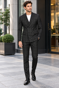 Naples Collection - Black Modern Fit Double Breasted Windowpane Peak Lapel 2 Piece Suit