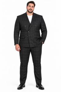 Naples Collection - Black Modern Fit Double Breasted Windowpane Peak Lapel 2 Piece Suit