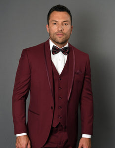 Maroon Prom Suit - Maroon Prom Tuxedo Suits - Maroon Wedding Tuxedo Mens One Button Satin Trim Shawl Tuxedo in Burgundy Wool