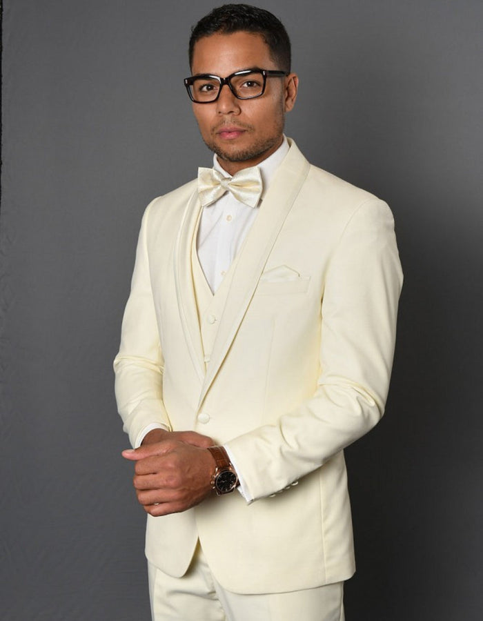 White Prom Suit - White Prom Tuxedo Suits - White Wedding Tuxedo Mens One Button Satin Trim Shawl Tuxedo in Ivory Wool