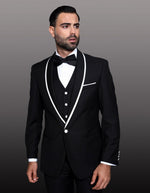 Mens One Button Satin Trim Shawl Tuxedo in Black & White - Men's Tuxedo USA