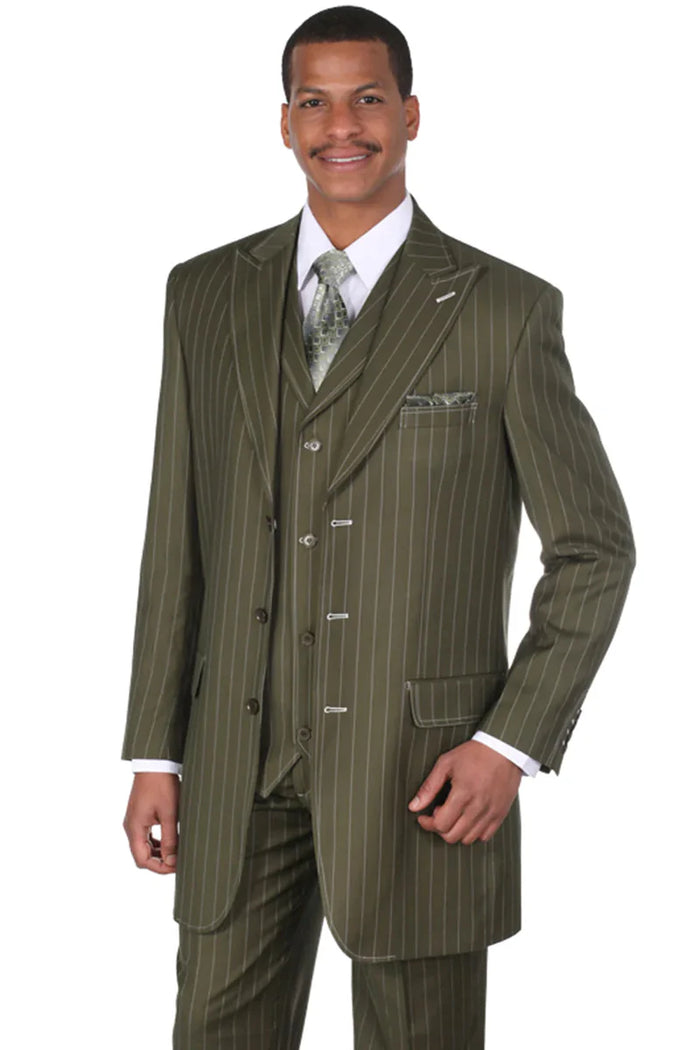 Men’s Vintage Vested Gangster Pinstripe Suit – Bold Olive Green Fashion 3-Piece Set
