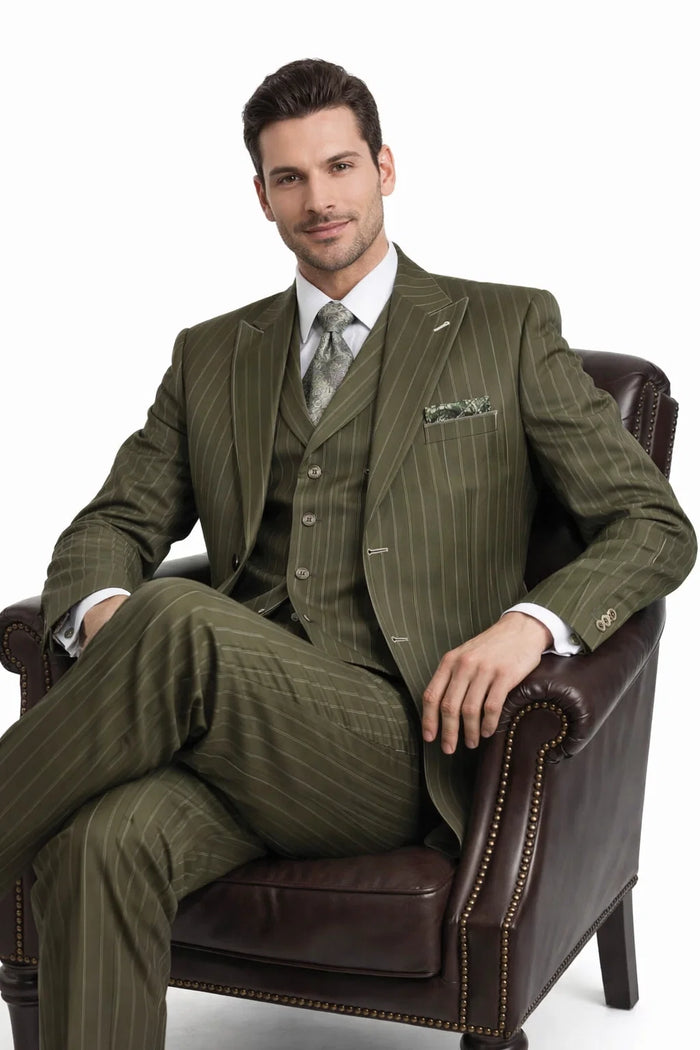 Men’s Vintage Vested Gangster Pinstripe Suit – Bold Olive Green Fashion 3-Piece Set