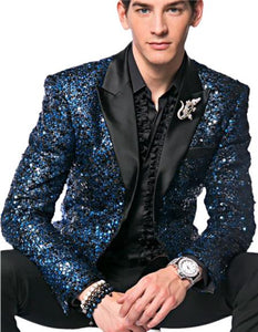 Fashion Unique Brand Men's Blue Sequin paisley Dinner Jacket Tuxedo Blazer glitter sparkly Sport coat peak lapel 10 days delivery custom make