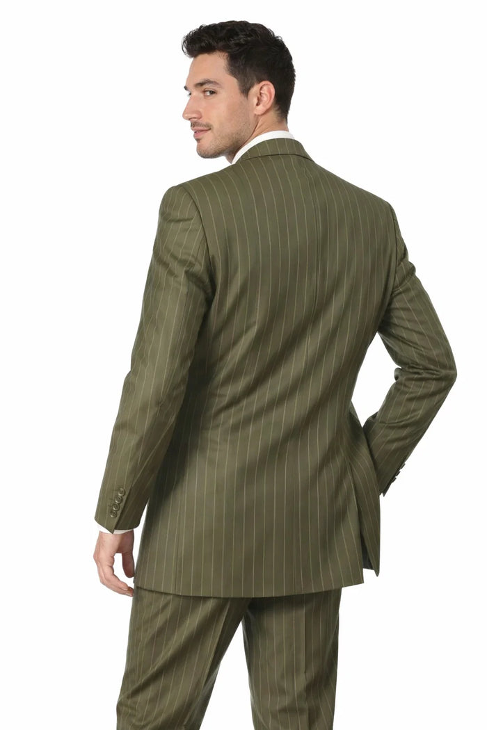 Men’s Vintage Vested Gangster Pinstripe Suit – Bold Olive Green Fashion 3-Piece Set