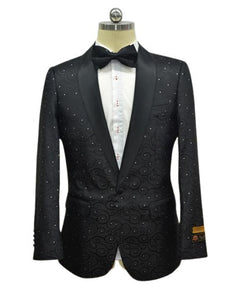 Black Two Toned Paisley Floral Blazer Tuxedo Dinner Jacket Fashion Sport Coat + Matching Bow Tie