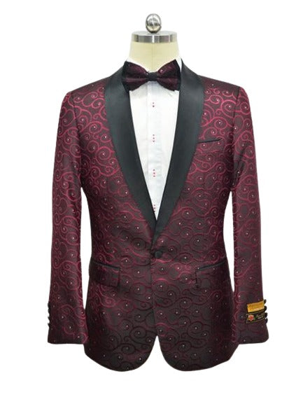 Burgundy ~ Maroon And Black Two Toned Paisley Floral Blazer Tuxedo Dinner Jacket Fashion Sport Coat + Matching ow Tie