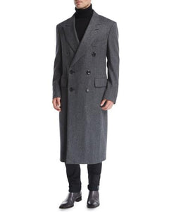 Men's Double-Breasted Herringbone Top Coat Gray