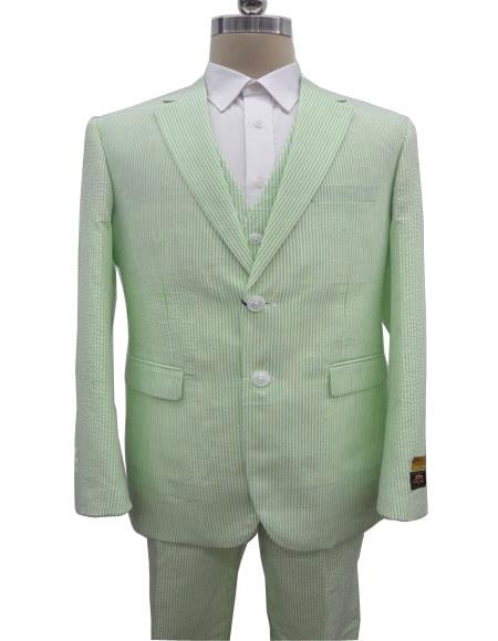 Men's Notch Label Green Colour Summer Seersucker Fabric Jacket + Pants 3 Piece Suit