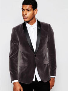 Men's Grey Gray Velvet Black Lapeled Shawl Collar tuxedo