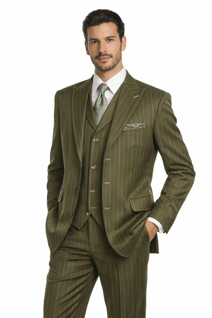 Men’s Vintage Vested Gangster Pinstripe Suit – Bold Olive Green Fashion 3-Piece Set