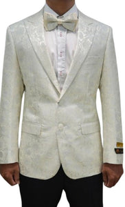 Ivory Dinner Jacket - Off White Patterned Tuxedo Blazer - Slim Fit Cream Paisley Sport Coat