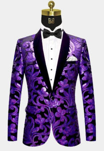 Men One Button Black and Purple Velvet Tuxedo Jacket with Sequins