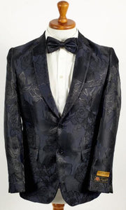 Mens Shiny Black and Navy 2 Button Floral Paisley Prom 2025 and Wedding Blazer