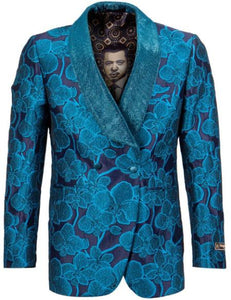 Mens Turquoise Tuxedo Jacket With Floral Pattern Shawl Lapel Double Breasted - Blazer