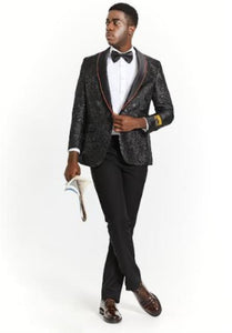 Big And Tall Tuxedo Paisley Tuxedo Sparkling Blazer - Black Floral Sport Coat